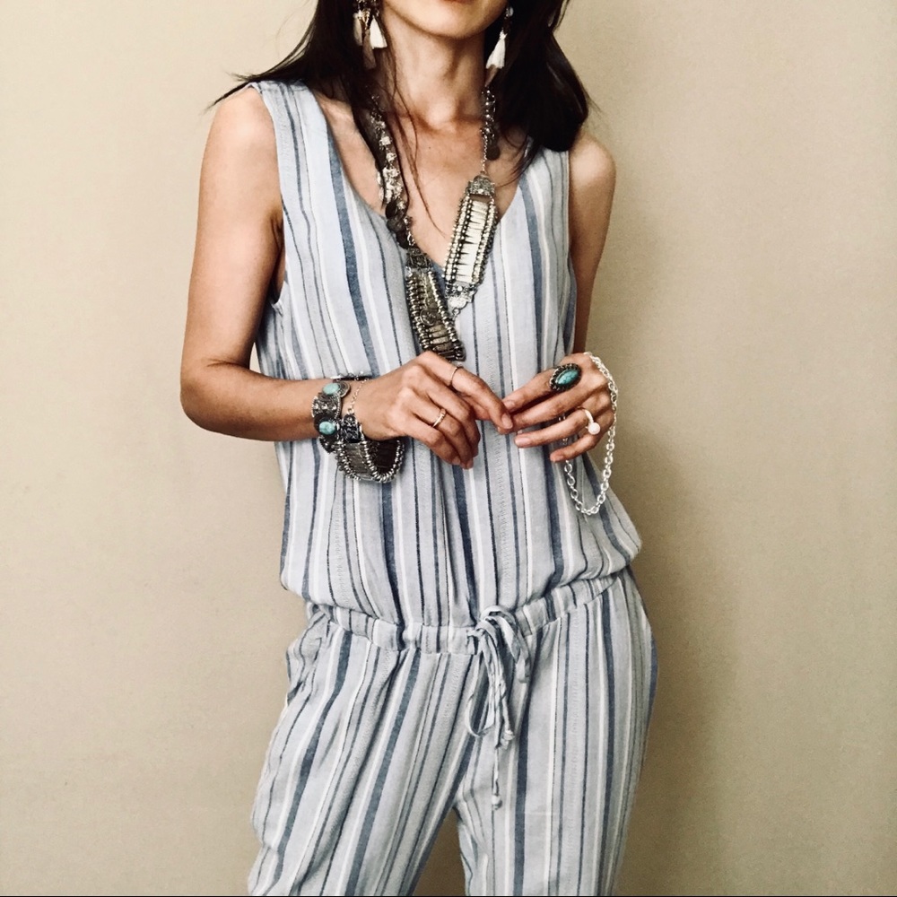 Anthropologie Striped Sleeveless Jumpsuit in Light Blue and White